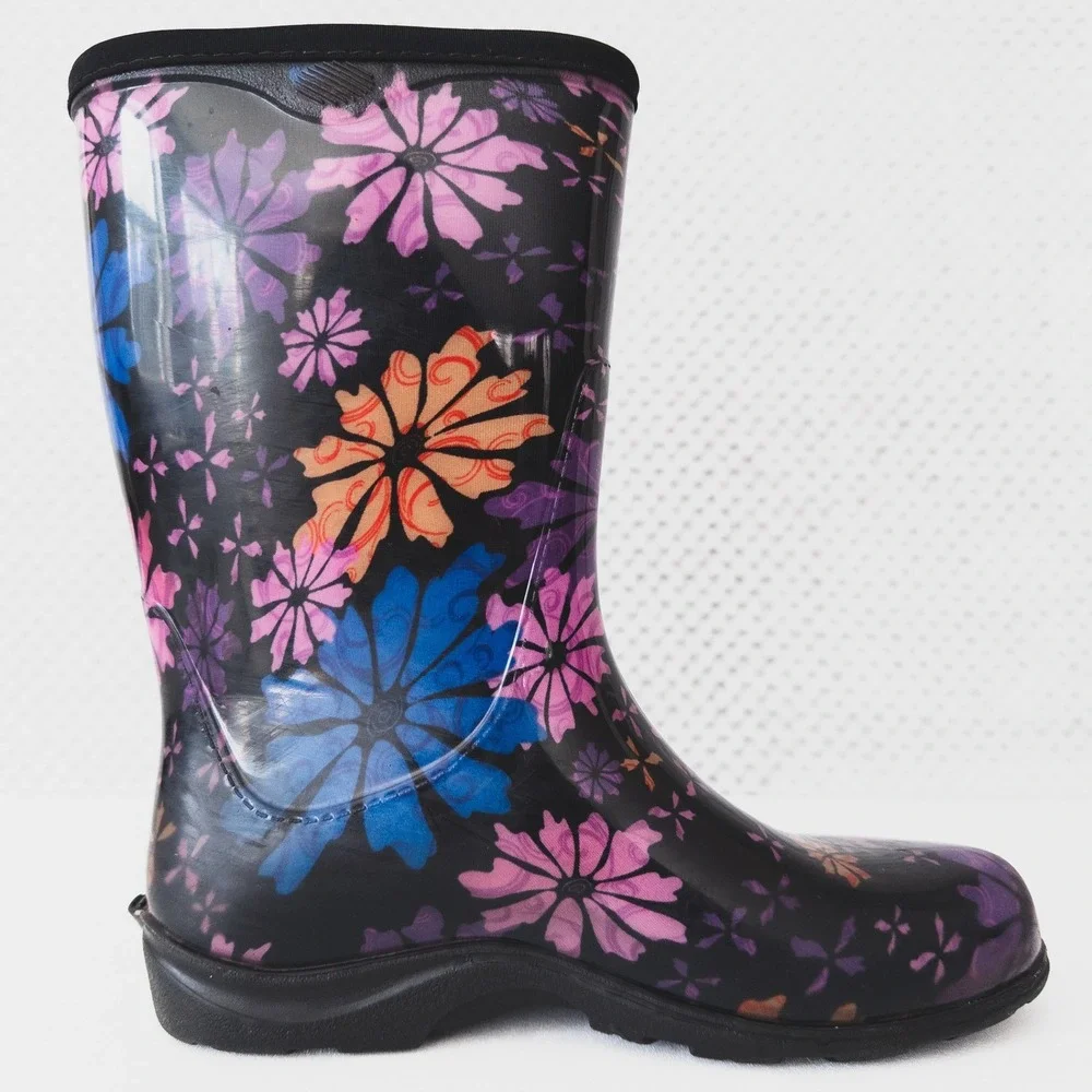 Sloggers‎ Rain Boots Women Size 7 Black Floral Waterproof Garden Mid Calf Boots